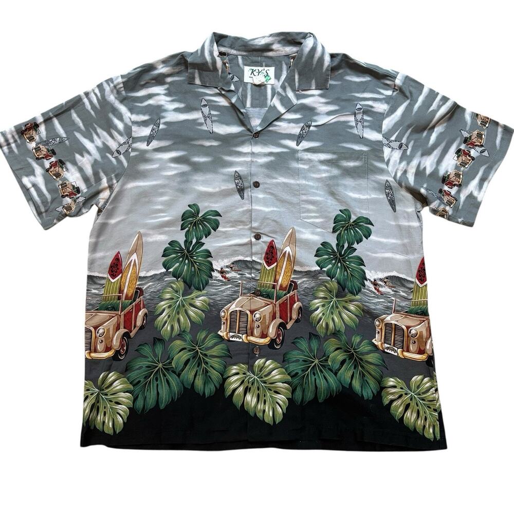 Vintage KY's Hawaiian Woody Jeep Surfboard Tropical Print S/S Button Up XL